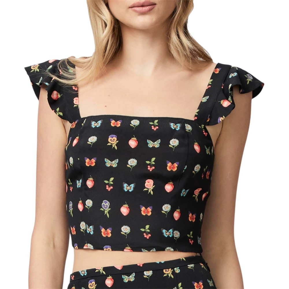 PAIGE Cicely Crop Top Women S Black Floral Butterfly Ruffle Sleeve
